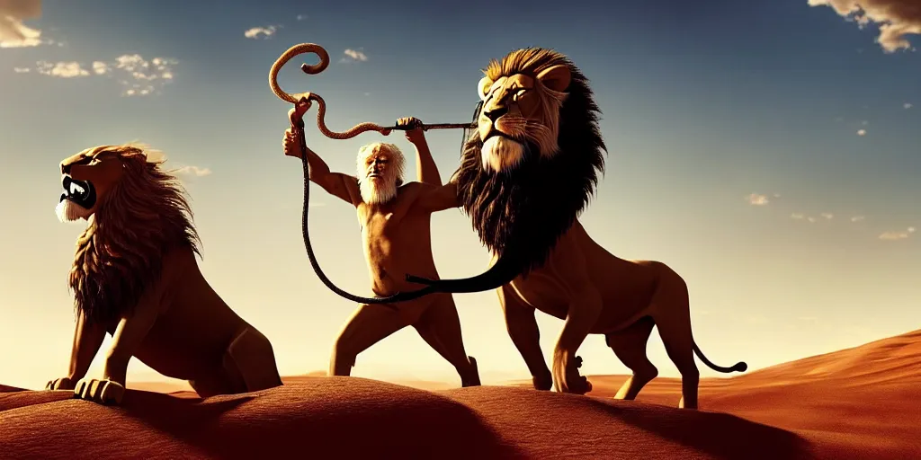 Image similar to a wise old man with a long white beard riding a lion in the desert, the man in holding a snake as though it where handlebars and the lion is holding the snake in its mouth, epic cinematic establishing shot, dramatic lighting