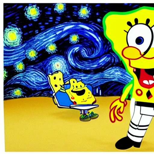 Prompt: a still from spongebob in the style of starry night