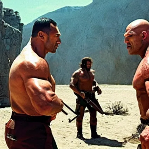 Image similar to the good, the bad, the ugly with dwayne johnson, volodymyr klitschko and nikolai valuev in a mexican standoff, cinematic still