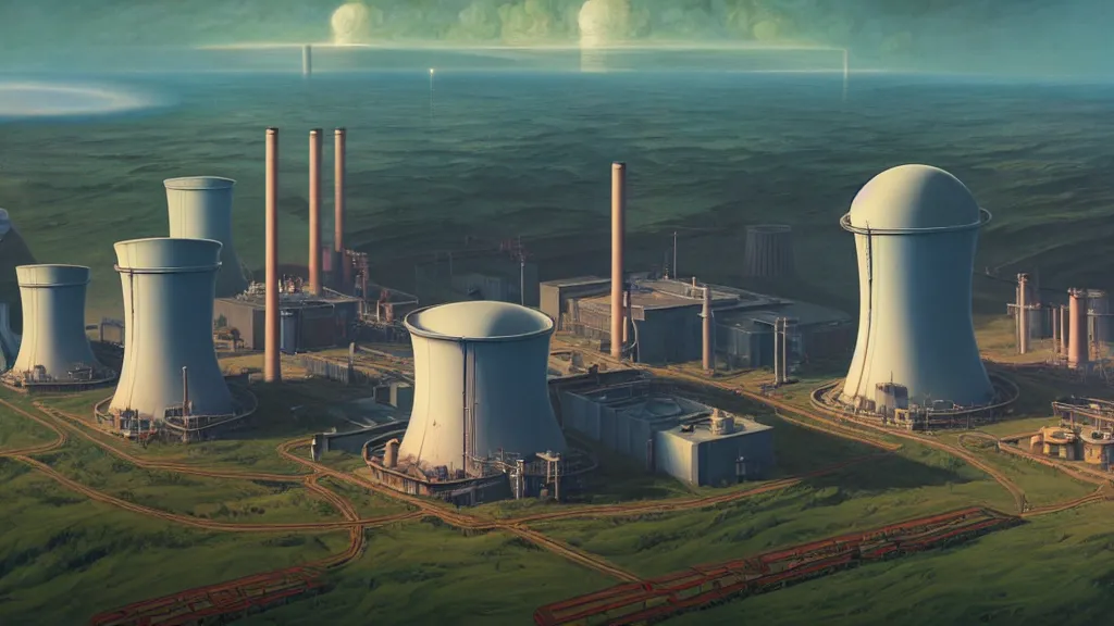 Prompt: A nuclear power plant in utopia by Simon Stålenhag and J.M.W. Turner, oil on canvas; Nuclear Fallout, Art Direction by Adam Adamowicz; 4K, 8K drone shot ; Ultra-Realistic Depth Shading;