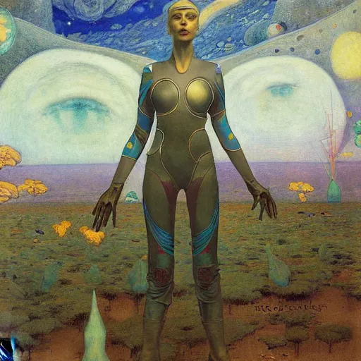 Image similar to beautiful woman in spacesuit, Martian forest, by Edgar Maxence and Ross Tran and Michael Whelan and Gustav Klimpt