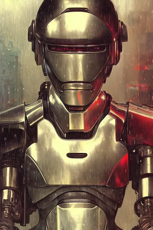 Image similar to Robocop portrait, rainy Detroit by Stanley Artgerm Lau, greg rutkowski, thomas kindkade, alphonse mucha, loish, norman Rockwell