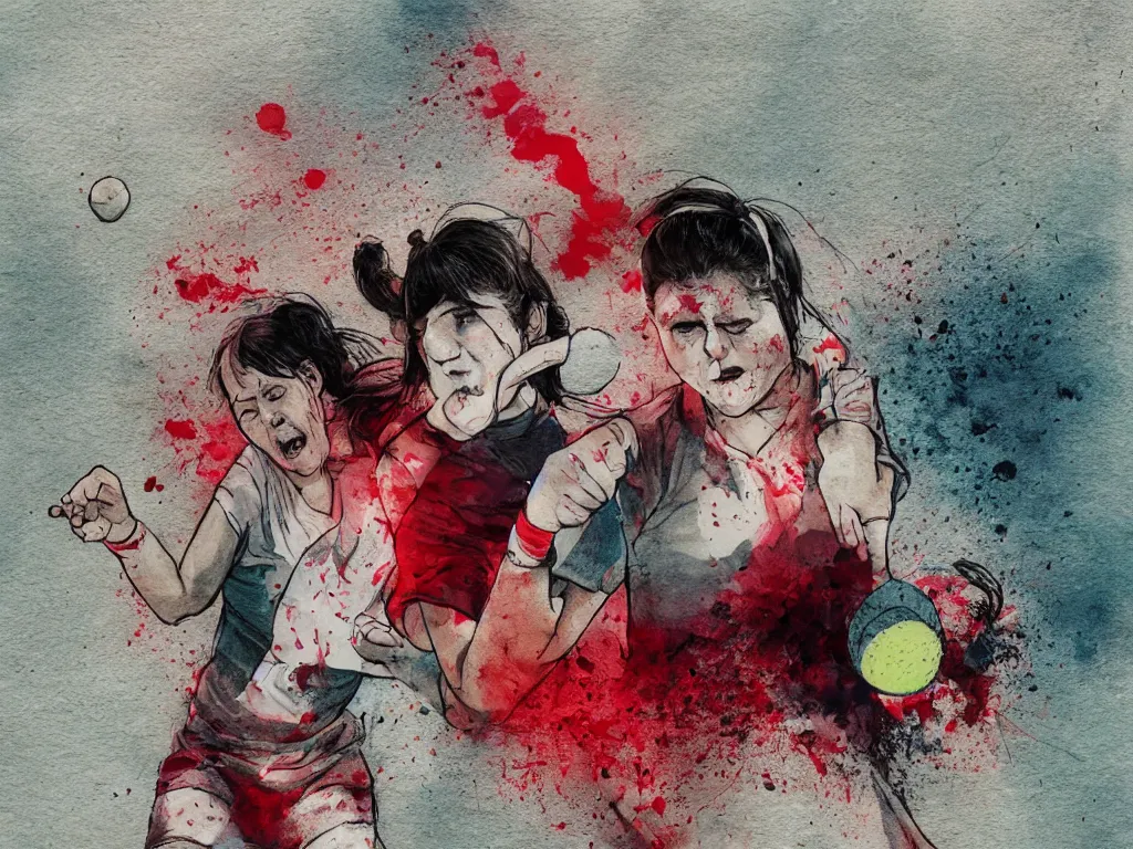 Prompt: young adult women playing tennis with a ball shaped like a rabbit, blood stains on shirt, blood on tennis court, bleeding audience, illustration, traditional drawing style, dramatic mood, textured canvas, pastels, 8 k render octane high definition cgsociety