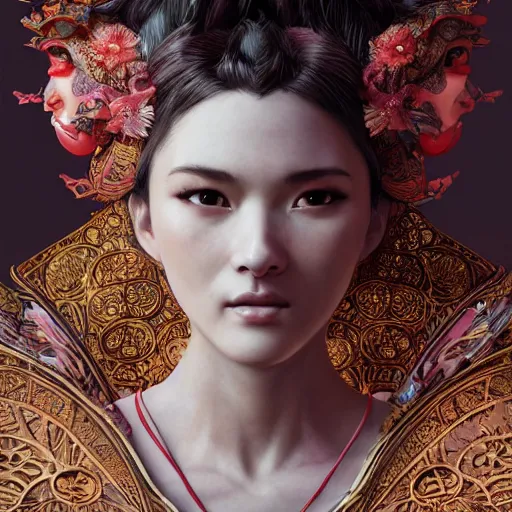 Prompt: a photorealistic dramatic fantasy render of a beautiful woman wearing a beautiful intricately detailed japanese cow kitsune mask and clasical japanese kimono by wlop, artgerm, greg rutkowski, alphonse mucha, beautiful dynamic dramatic dark moody lighting, shadows, cinematic atmosphere, artstation, concept design art, octane render, 8 k