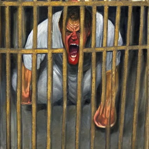 Image similar to a screaming prisoner holding prison bars, realism old painting, oil painting