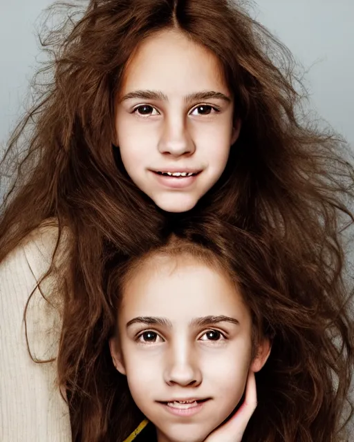 Prompt: photo portrait 1 5 - year old girl with lush brown hair, hermione granger, large front teeth, and bright piercing brown eyes, hyper realistic face, beautiful eyes, by mario testino