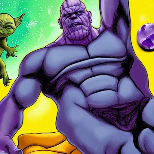 Image similar to photo of thanos sleeping in bed, next to yoda