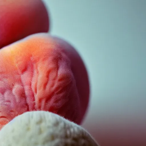 Prompt: a macro photo of a peach's dry hairy skin, form resembling female bum, hyper realistic, hyper detailed, 35mm, very grainy film, pink volumetric studio lighting, bokeh, black background award winning shot, vogue magazine, cinematic, 8k, very closeup, elegant, tender, pastel