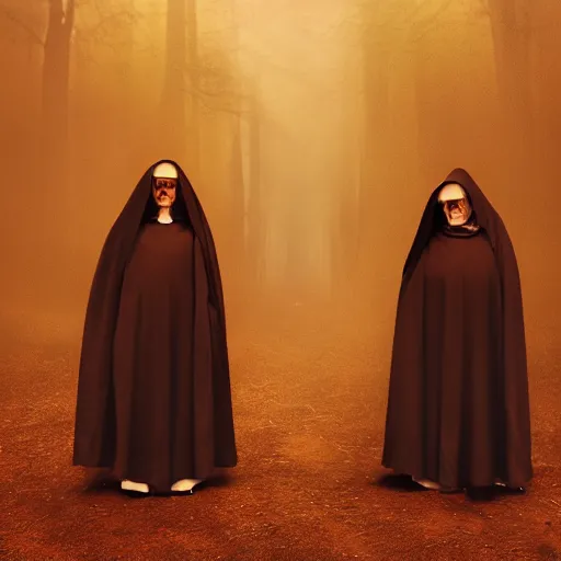 Image similar to a portrait of a twin nuns wearing a long dark cloak, hood and shadows covering face, holding golden chains, oil painting, matte painting, black background, Volumetric Golden dappled dynamic lighting, Highly Detailed, Cinematic Lighting, Unreal Engine, 8k, HD, by Beksinski