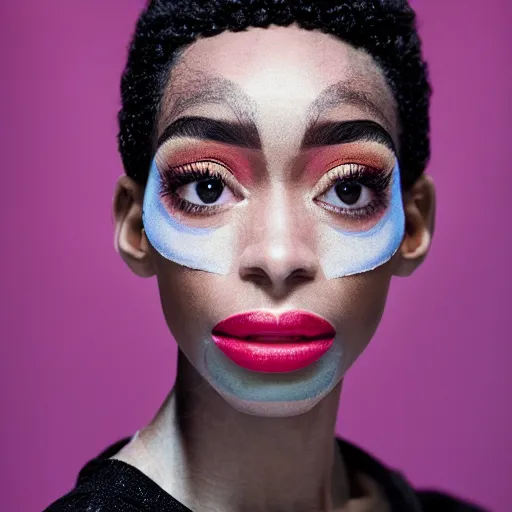 Image similar to realistic photoshooting for a new nike lookbook, vhs colour photography, portrait of model Winnie Harlow woman, in style of Tyler Mitchell, 35mm,