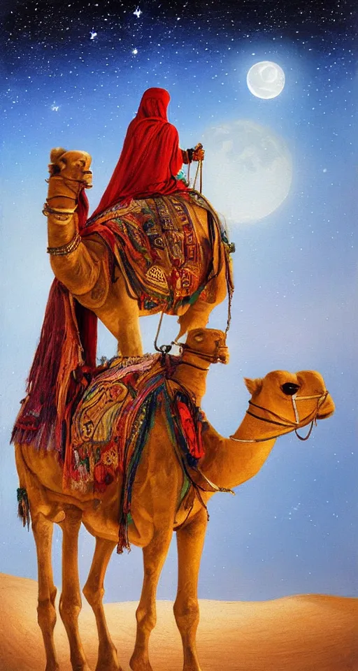 Image similar to an arabian merchant rides her camel in the desert at night, soft glow from a lantern, moon and stars in night sky, stunning, detailed oil paint