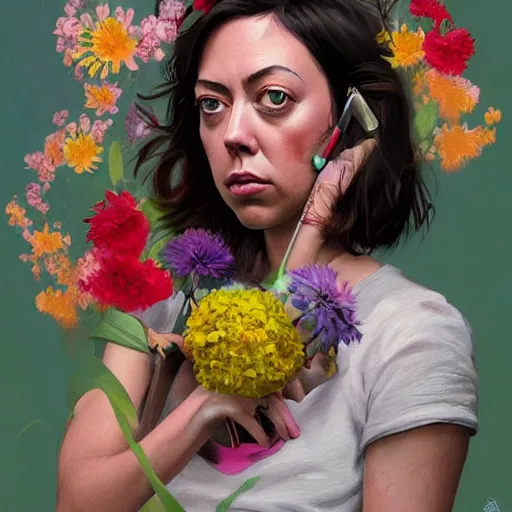 Prompt: painting of aubrey plaza dressed with flowers, illustration, artistic, colorful, hyper detailed, in the style of greg rutkowski