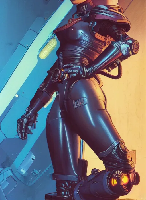 Prompt: powerful cyberpunk pilot. portrait by jean giraud and anton otto fischer and john philip falter and will eisner and gil elvgren and pixar. full body. realistic proportions. science fiction d & d. overwatch, rb 6 s, cyberpunk 2 0 7 7, blade runner 2 0 4 9 concept art. cel shading. thick lines.