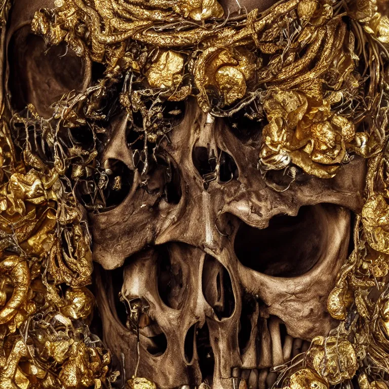 Image similar to A beautiful oil painting hyperrealism of a decayed black skeleton head, rotting black clay skin, bones, close up, gold flowers, gold floral headdress, 8k resolution, octane render