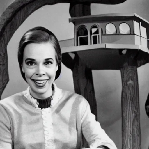 Prompt: lady aberlin in mister rogers land of make believe 1960s TV studio promotional still