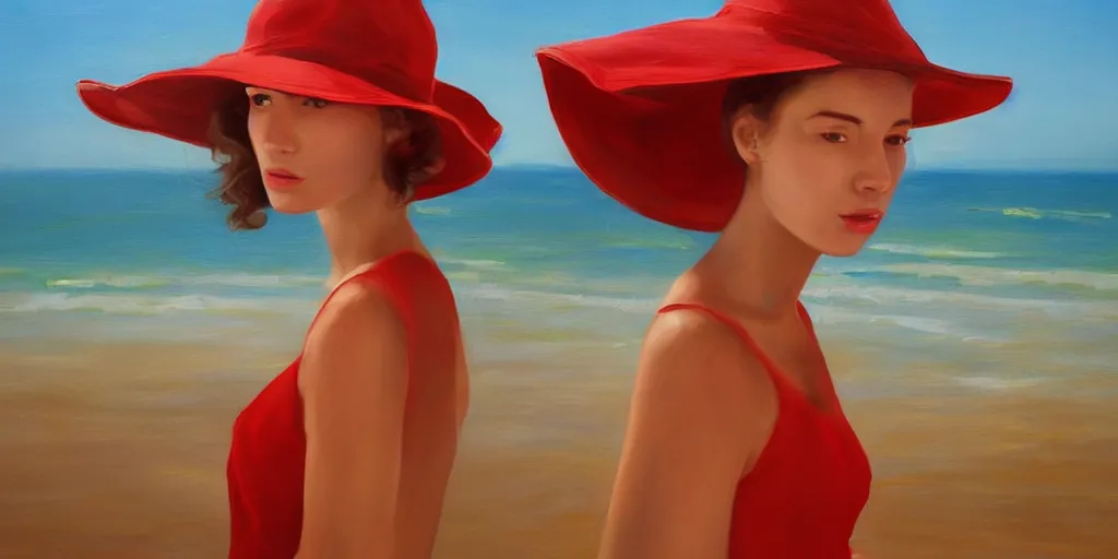 Image similar to beautiful oil matte portrait painting, young woman with red dress and mustard yellow summer hat at a beach on a sunny day, wonderful masterpiece highly detailed, beautiful cinematic light deep focus, elegant, digital painting, smooth, sharp focus, golden ratio, dramatic illumination, ultra realistic, 8 k, art by jimmy law