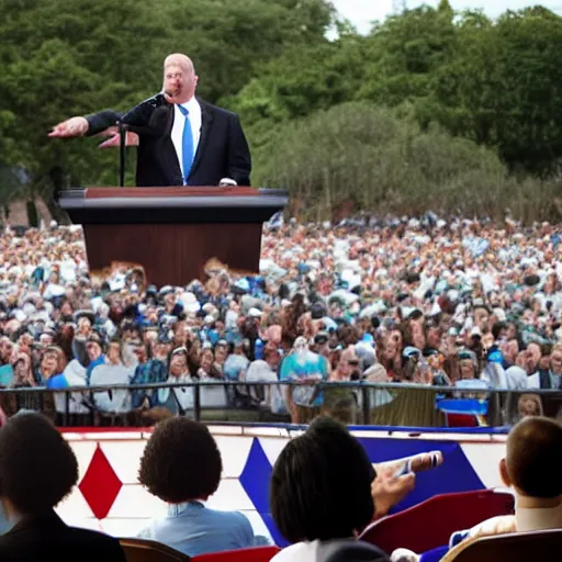 Image similar to the president with a shark head making a speech to millions of people