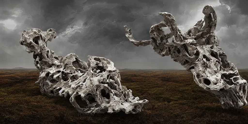 Prompt: photorealistic strange sculpture made of white bird skulls, by katrina van grouw and bruce mahalski. an epic landscape, with ominous storm clouds, a gentle rising mist. occult photorealism, uhd, amazing depth, glowing, golden ratio, 3 d octane cycle unreal engine 5, volumetric lighting, cinematic lighting, cgstation artstation concept art