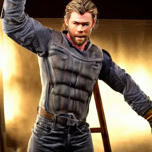 Image similar to animatronic Chris Hemsworth, exposed mechanics, photo, Stan Winston studios, detailed, 4k