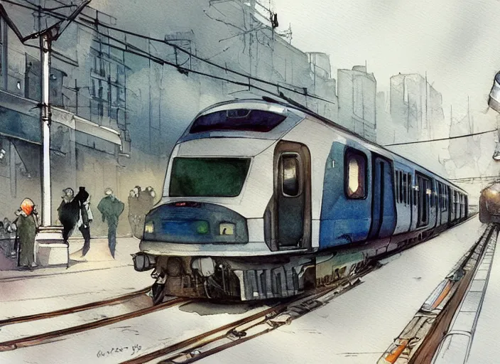 Image similar to concept art of a urban train, pinterest, artstation trending, behance, watercolor, by coby whitmore *, silver, laser light *,