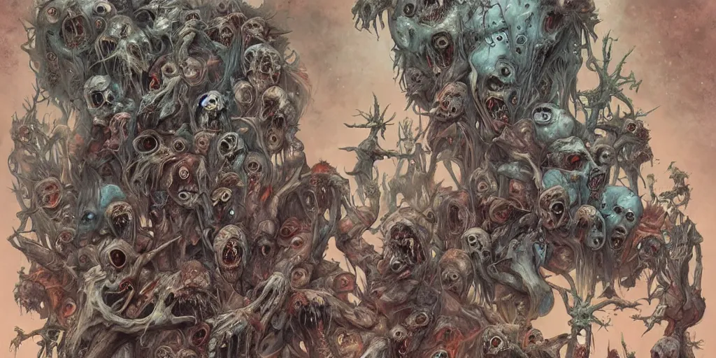 Image similar to A horror illustration layout design of a group of zombies melting into each other by Peter Mohrbacher and andrew ferez and Maximilian Pirner and aaron horkey and peter gric,trending on pinterest,medieval,rococo,maximalist,glittering,feminine