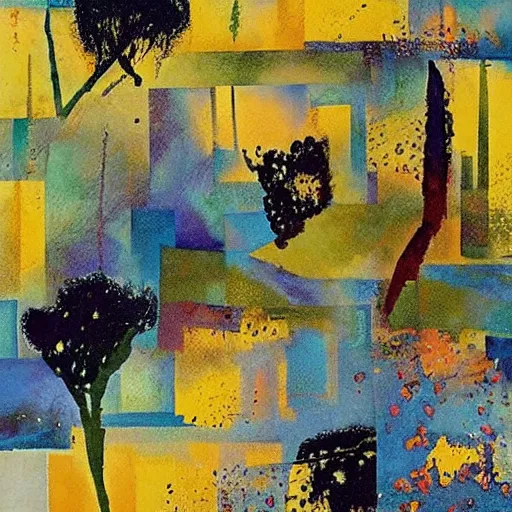 Image similar to leather, fauvist by chris foss robust, emotive. a collage of a beautiful landscape, delicate brushstrokes. peaceful & serene, with a gentle breeze blowing through the trees & flowers. colors are muted & gentle, calm & tranquility. well balanced & harmonious. color & composition, pleasing to the eye & calming to the soul.