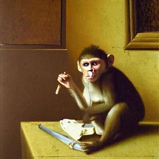 Image similar to Monkey smoking!!!!!!!! a Cuban cigar, oil on canvas, by Johannes Vermeer