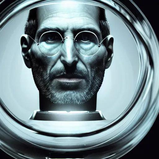 Image similar to steve jobs head in jar, concept art of biological hacking by giger and jama jurabaev, still film, cinematic shot, brush hard, artstation, for aaa game, high quality, brush stroke