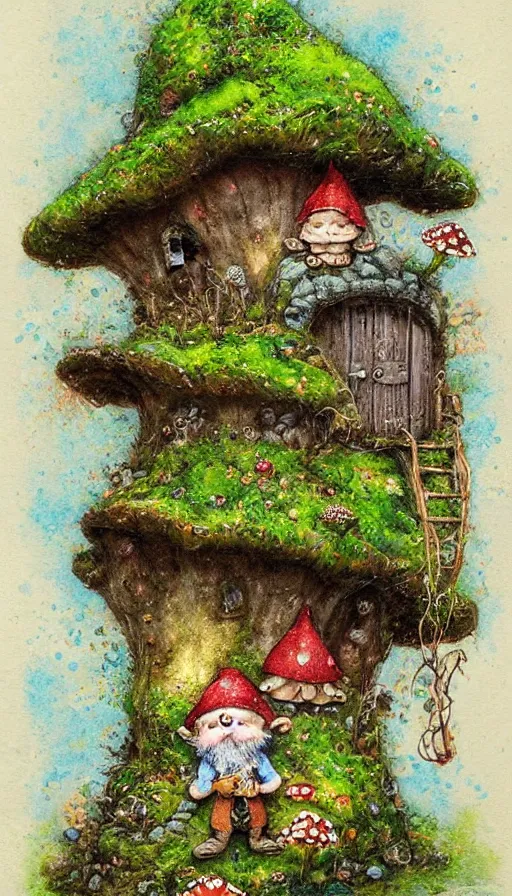 Image similar to extra beautiful colorful whimsical storybook style full page antique ornate lithograph of moss, fungus, mushroom and flower covered knome hobbit giant mushroom cozy home with door and windows by Jean-Baptiste Monge, post processing, painterly, book illustration watercolor granular splatter dripping paper texture. Trending on artstation, post processing, pen and ink work. sharp focus.