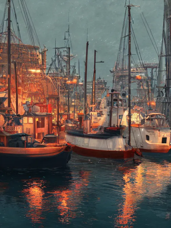 Prompt: photo of 8k ultra realistic harbour, port, boats, heavy rain, , night, full of colour, cinematic lighting, battered, trending on artstation, 4k, hyperrealistic, focused, extreme details,unreal engine 5, cinematic, masterpiece, art by studio ghibli