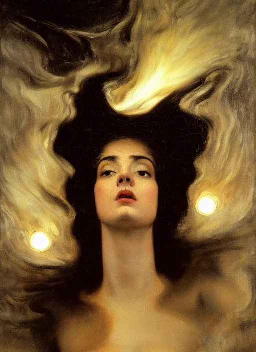 Prompt: highly detailed oil painting | very intricate | cinematic lighting | black, white and gold color scheme, dark background | the mist of the mistic by beethoven | by roberto ferri, by gustav moreau, by singer sargent and klimt, american romanticism, occult art | by austin osman spare, artstation, cgsociety, official art, octane