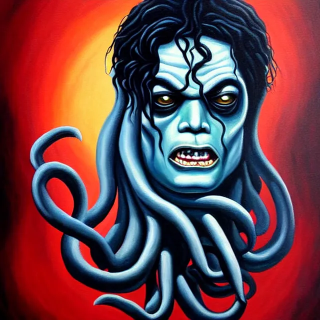 Image similar to a beautiful painting cthulhu mythos michael jackson face, by dana irving realistic oil painting