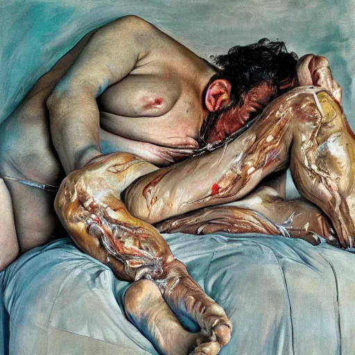 Image similar to high quality high detail painting by lucian freud and jenny saville, hd, madly in love, turquoise