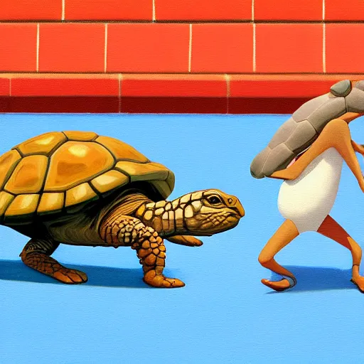 Image similar to goro fujita ilustration of a hare and a tortoise in a race in an olympic stadium, painting by goro fujita, sharp focus, highly detailed, artstation