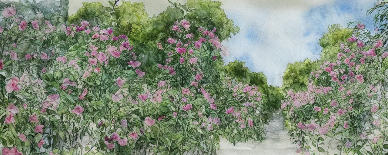 Image similar to delicate marble in a botanic garden, stony, puffy clouds, botanical herbarium paper, watercolor colored painting and pencil, iridescent colors, 8 k, realistic shaded, fine details, artstation, italian, colonnade, vines, flowers, gardena architecture, pompeii