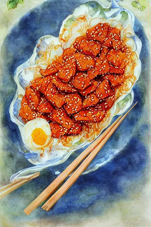 Prompt: korean spicy rice cakes by jerry pinkney