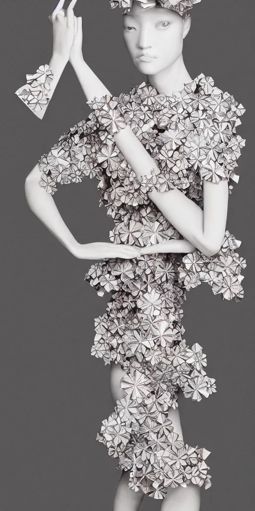Image similar to portrait of a beautiful ceramic model wearing sakura ( ( origami themed paper flower ) ) and metallic shapes haute couture by issey miyake