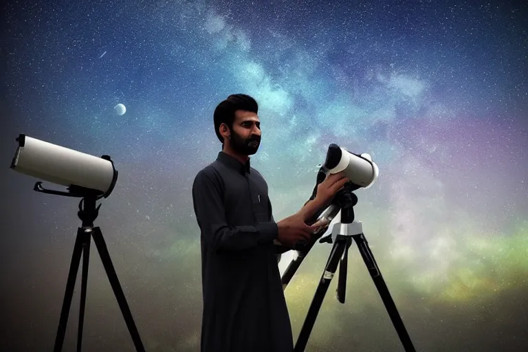 Image similar to Pakistani alpha as astronomy teacher, telescope, moon, clear skies, starry skies, realism realistic