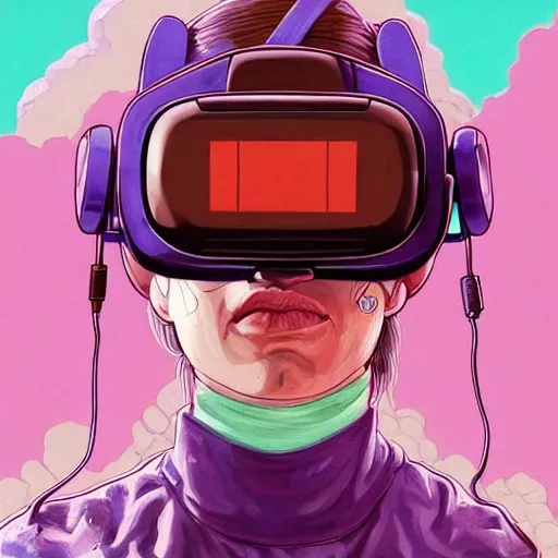 Image similar to portrait painting of a 9 0 s gamer with a vr headset on, sharp focus, award - winning, trending on artstation, masterpiece, highly detailed, intricate. art by josan gonzales and moebius and deathburger