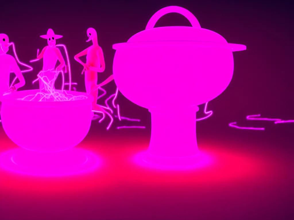 Image similar to ghosts and spirits surrounding a glowing neon pink cauldron hd render