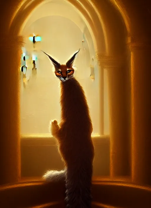 Prompt: surrealistic portrait of cute fluffy anthropomorphic caracal in golden clothes wearing vr in orthodox church, bokeh, foggy, dynamic lighting, darkness, ambients, dramatic, foggy, heavy bokeh and blur, cinematic, depth of field, art by bussiere rutkowski andreas rocha