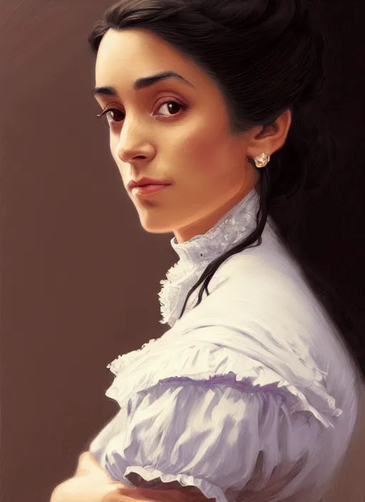 Image similar to a portrait of a young hispanic woman with a crooked nose in victorian clothing, confident pose, intricate, elegant, sharp focus, illustration, highly detailed, concept art, matte, trending on artstation, anime, art by james jean and artgerm and brian despain and alberto mielgo, greg rutkowski, wlop, ilya kuvshinov, strong strokes