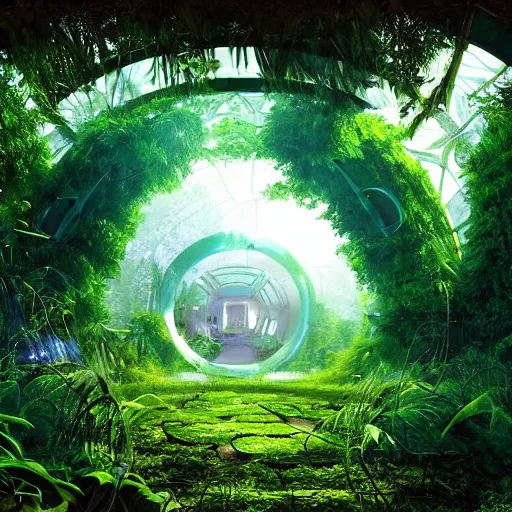 Prompt: overgrown derelict portal in a middle of a lush futuristic forest, green lush world seen only through a portal, daylight, cinematic lighting, blue sky, syd mead, john harris