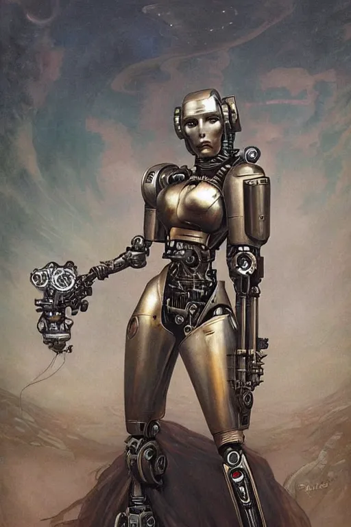 Image similar to fullbody or portrait, simple futurist cyborg empress, warhammer 4 0 k, perfect future, award winning art by santiago caruso, iridescent color palette, by wlop and karol bak and bouguereau and viktoria gavrilenko, 1 9 7 0 s retro future robot android. muted colors