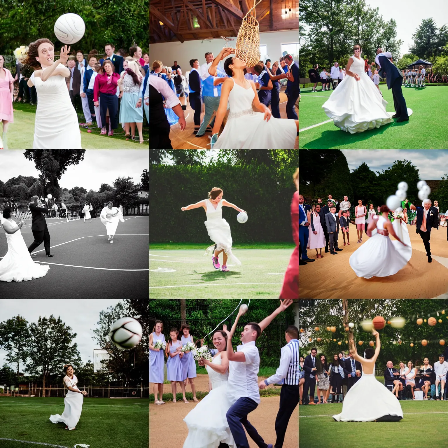 Prompt: basket match at a wedding. woman in wedding dress hits the ball