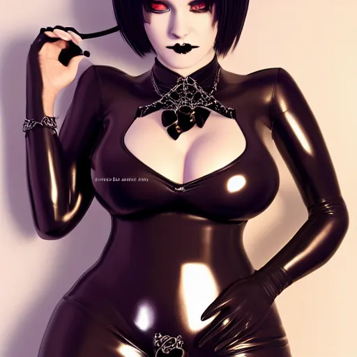 Image similar to curvy feminine goth woman with dignified elaborate tight black-silver nylon and latex outfit, black choker necklace, inviting posture, photorealistic, cgsociety, sublime, 16k, smooth, sharp focus, ArtStation, hyperdetailed, volumetric lighting