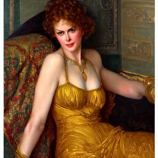 Image similar to beautiful_golden_portrait_of_a_Nicole_Kidman_a s_Grand Odalisque_intricate_oil_paintingby Jo hn_William_Godward_by_Anna_Dittman_by J-H 768-C9.0