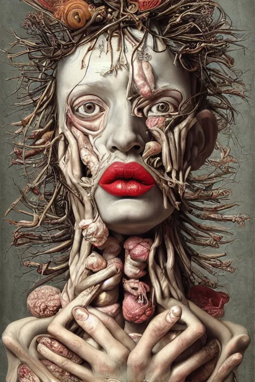 Image similar to Detailed maximalist portrait of a greek god with large lips and eyes, scared expression, botanical anatomy, skeletal with extra flesh, HD mixed media, 3D collage, highly detailed and intricate, surreal illustration in the style of Jenny Saville, dark art, baroque, centred in image