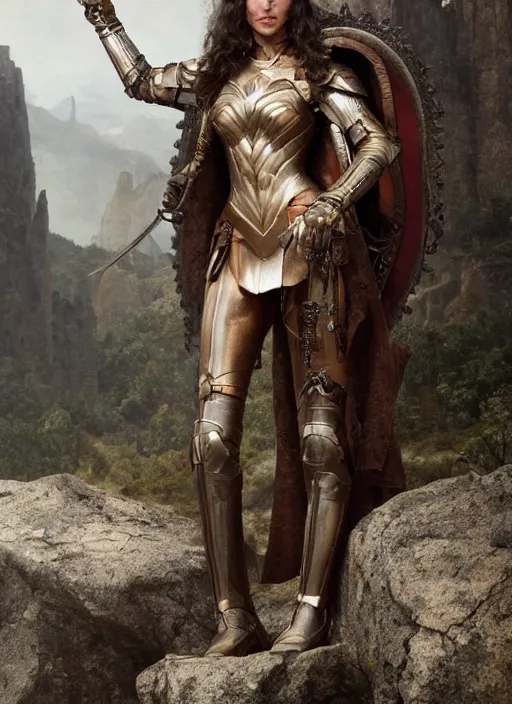 Image similar to highly detailed steampunk armor on gal gadot posing while standing on a rock : leonardo da vinci, greg rutkowski, magali villeneuve