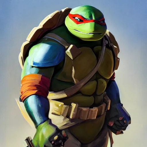 Image similar to greg manchess portrait painting of armored teenage mutant ninja turtles as overwatch character, medium shot, asymmetrical, profile picture, organic painting, sunny day, matte painting, bold shapes, hard edges, street art, trending on artstation, by huang guangjian and gil elvgren and sachin teng